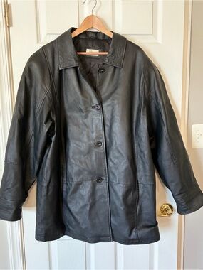 Tribeca Studio Vintage Black Genuine Leather Coat Jacket Button Down  mid-length